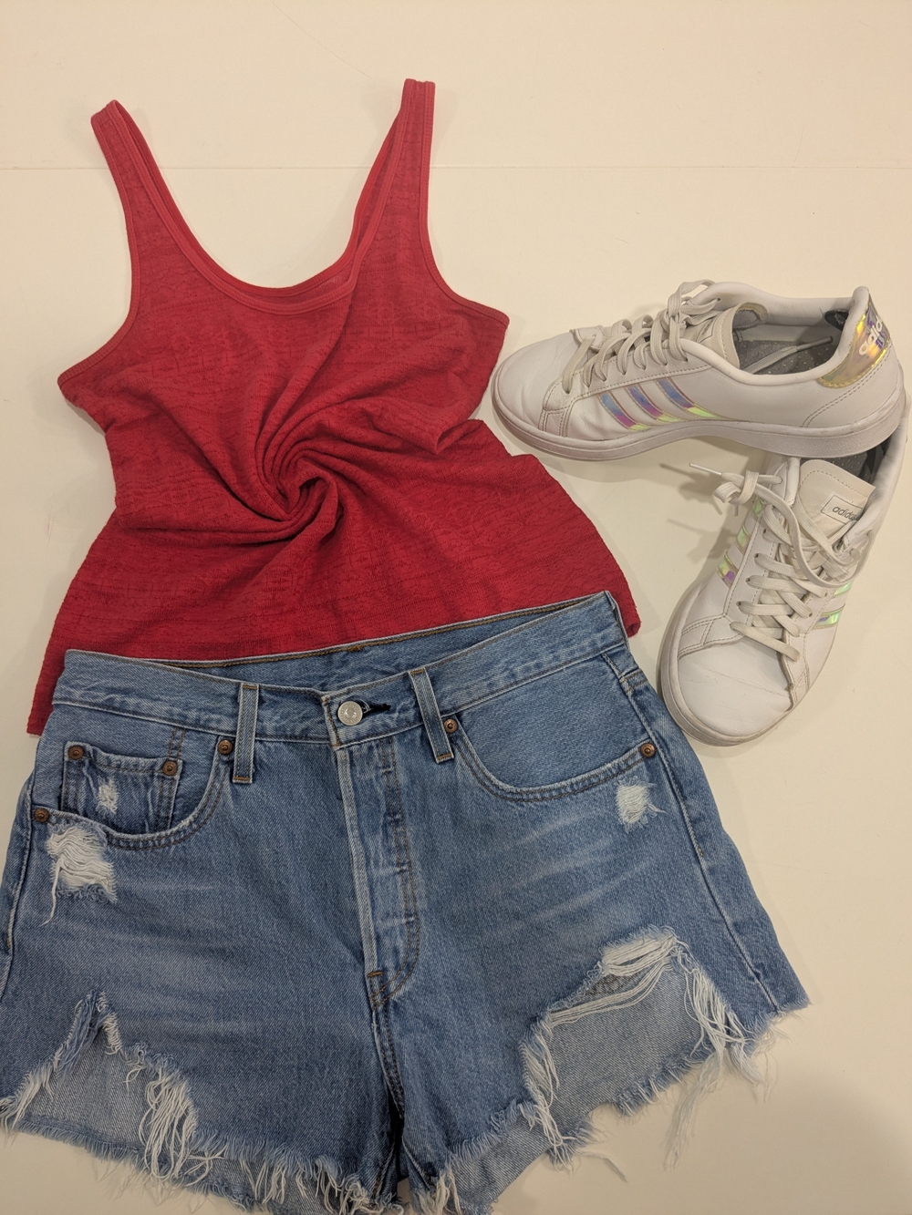 Levi’s 501 Shorts + Adidas Iridescent Sneakers Size 8 + Red Tank 3-Piece Bundle